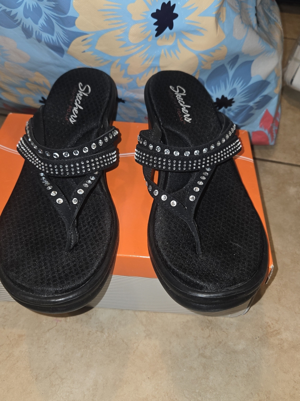 Skechers Black Rhinestone Platform Thong Sandals